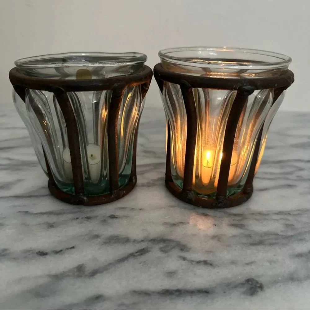Rustic caged bubble Glass votive Candle Holders vintage brutalist